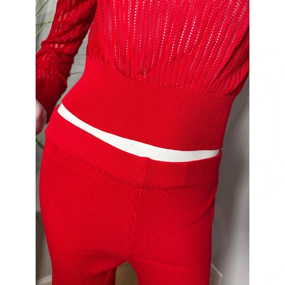 Chic me Red‎ Ribbed Knit Two Piece Set Sheer Long Sleeve Top & High Waist Pants
